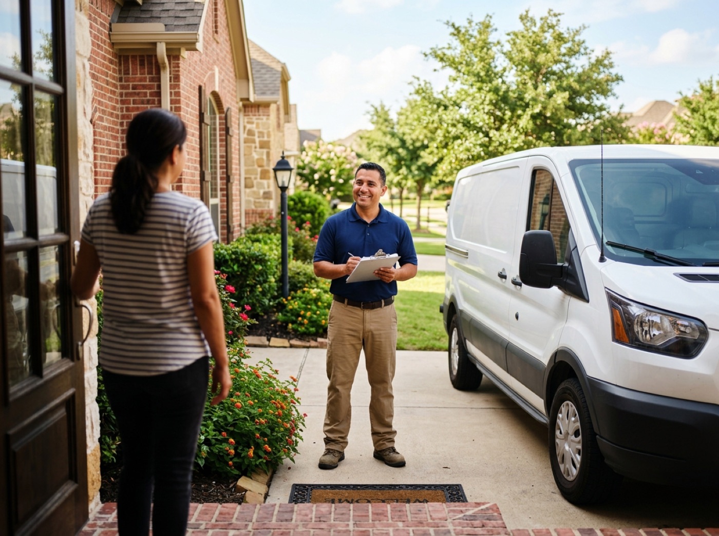 Local AC repair company Richardson TX technician greeting homeowner for air conditioning service