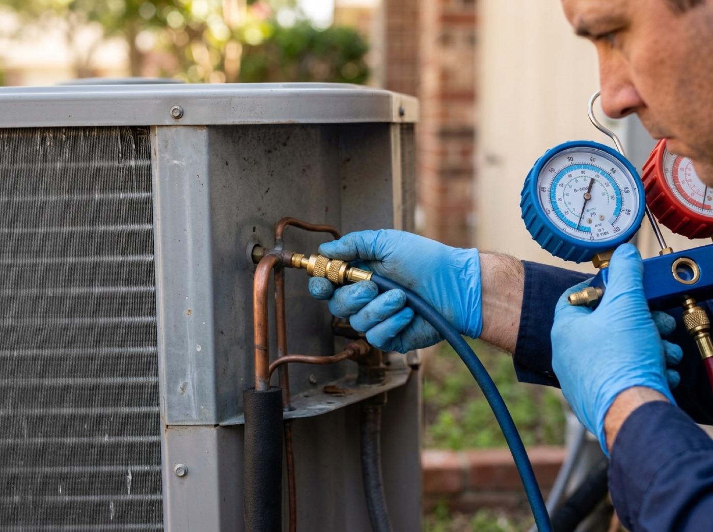 AC refrigerant leak repair Richardson TX technician checking pressure gauges on condenser coils