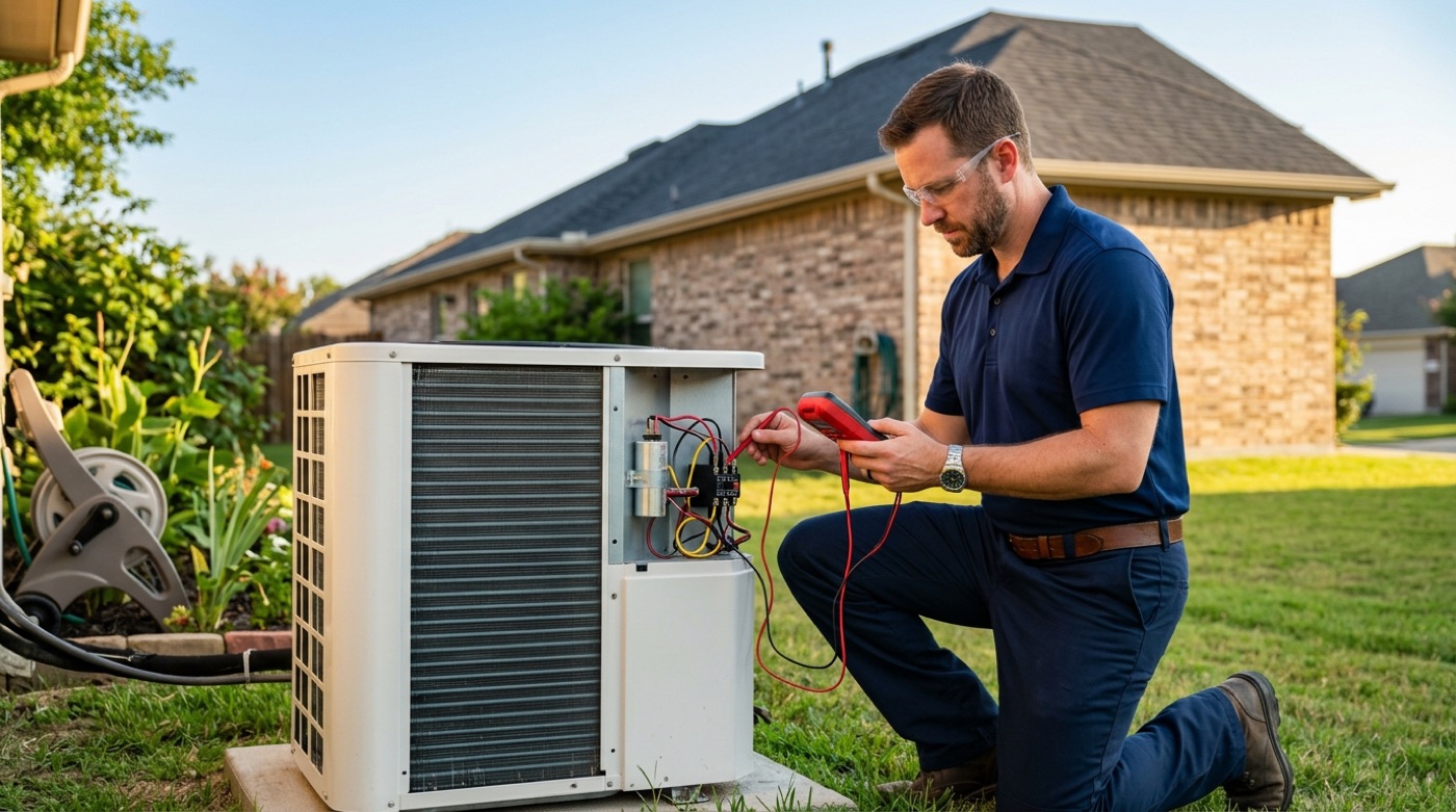 AC repair Richardson TX technician servicing an outdoor air conditioner condenser unit
