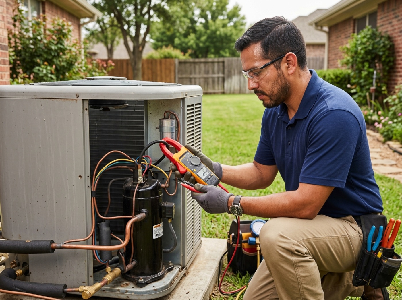 AC compressor and refrigerant repair Richardson TX — technician testing outdoor condenser unit