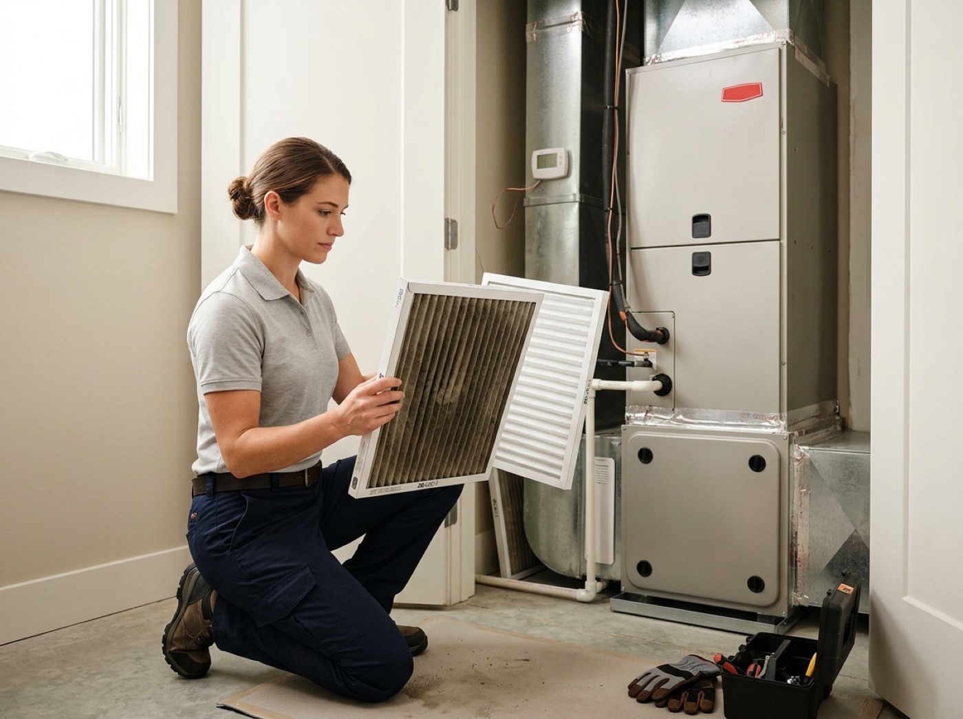 AC not cooling repair Richardson TX — technician inspecting dirty air filter on home air handler
